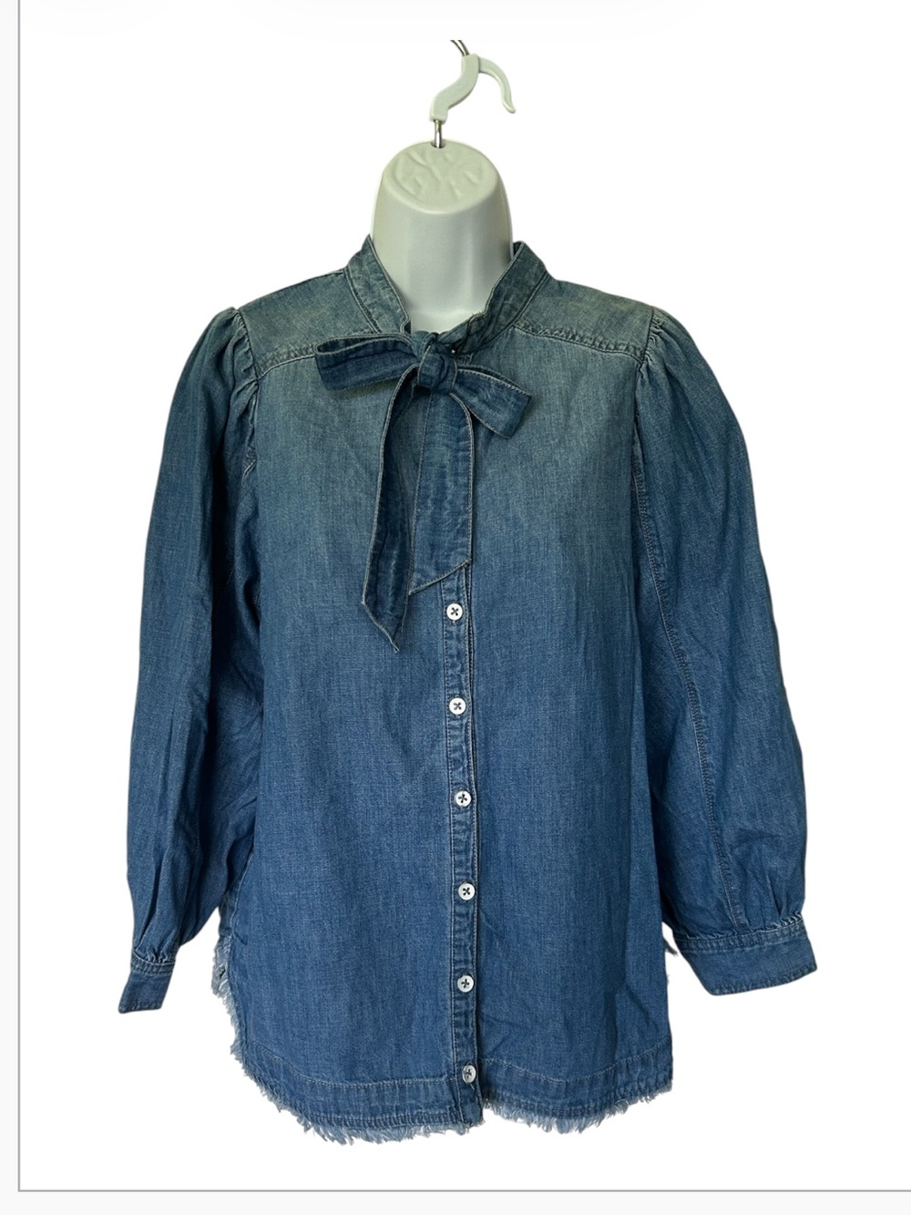 Anthropologie Pilcro Tie Neck Blouse Chambray Puff Balloon Sleeve Excellent M - Picture 3 of 11